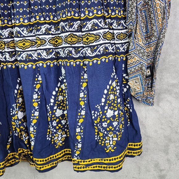 Umgee USA Womens Bohemian Tunic Dress Mixed Print Navy & Yellow 100% Rayon S - Picture 3 of 11